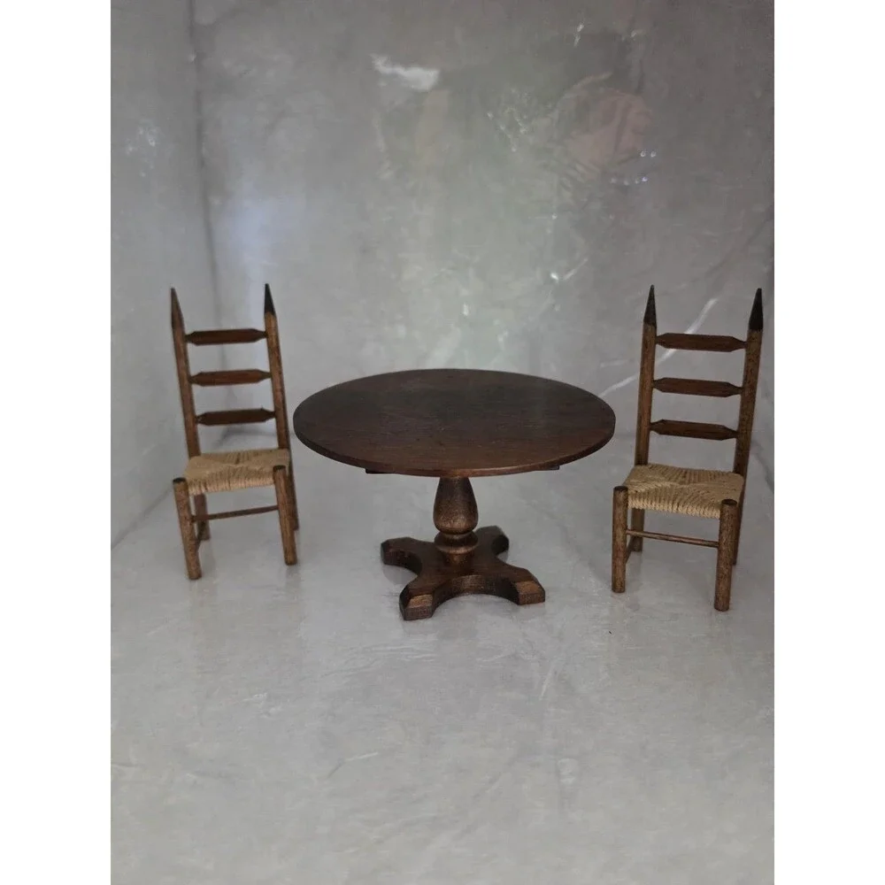 Vintage Ed Whitten Country Pine Dollhouse Table 2 Chairs 1:12 Scale Set